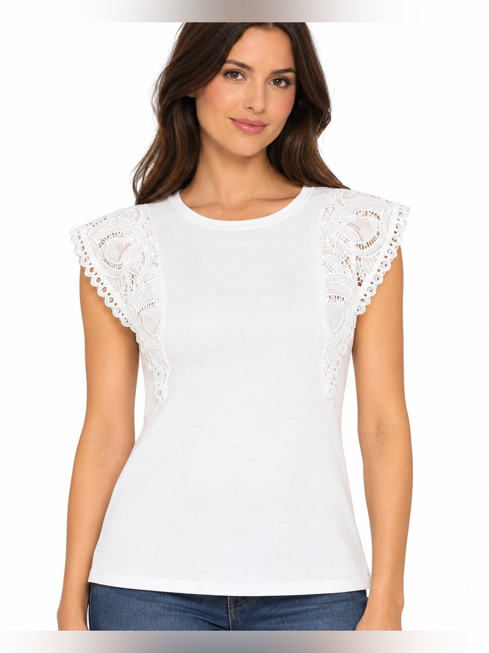 Catherine Malandrino Women’s White Knit Top Eyelet Scalloped Cap Sleeves Size M